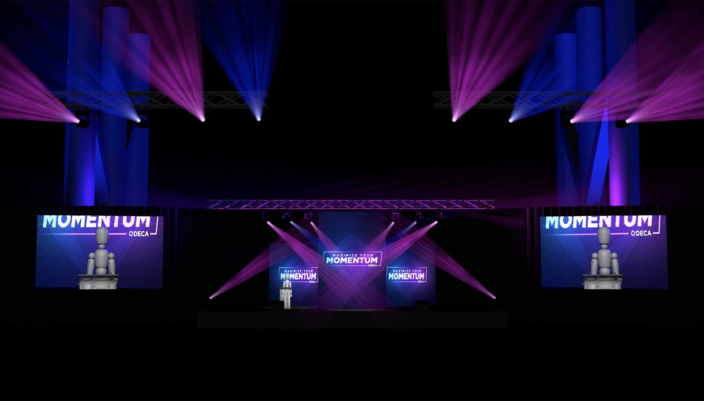 Digital render of the stage with blue and purple lighting