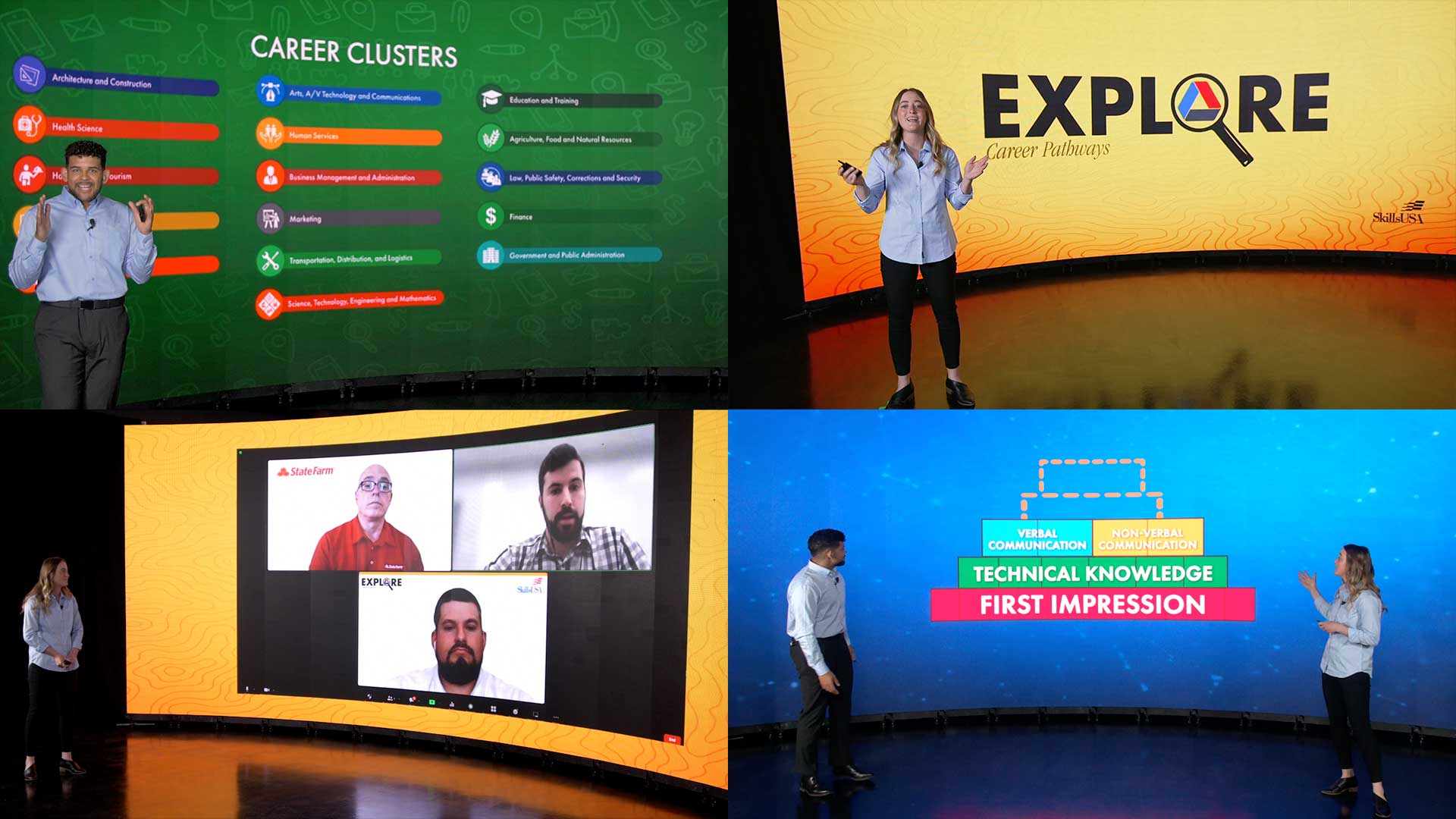 Four images show presenters standing in front of large screens with information on them