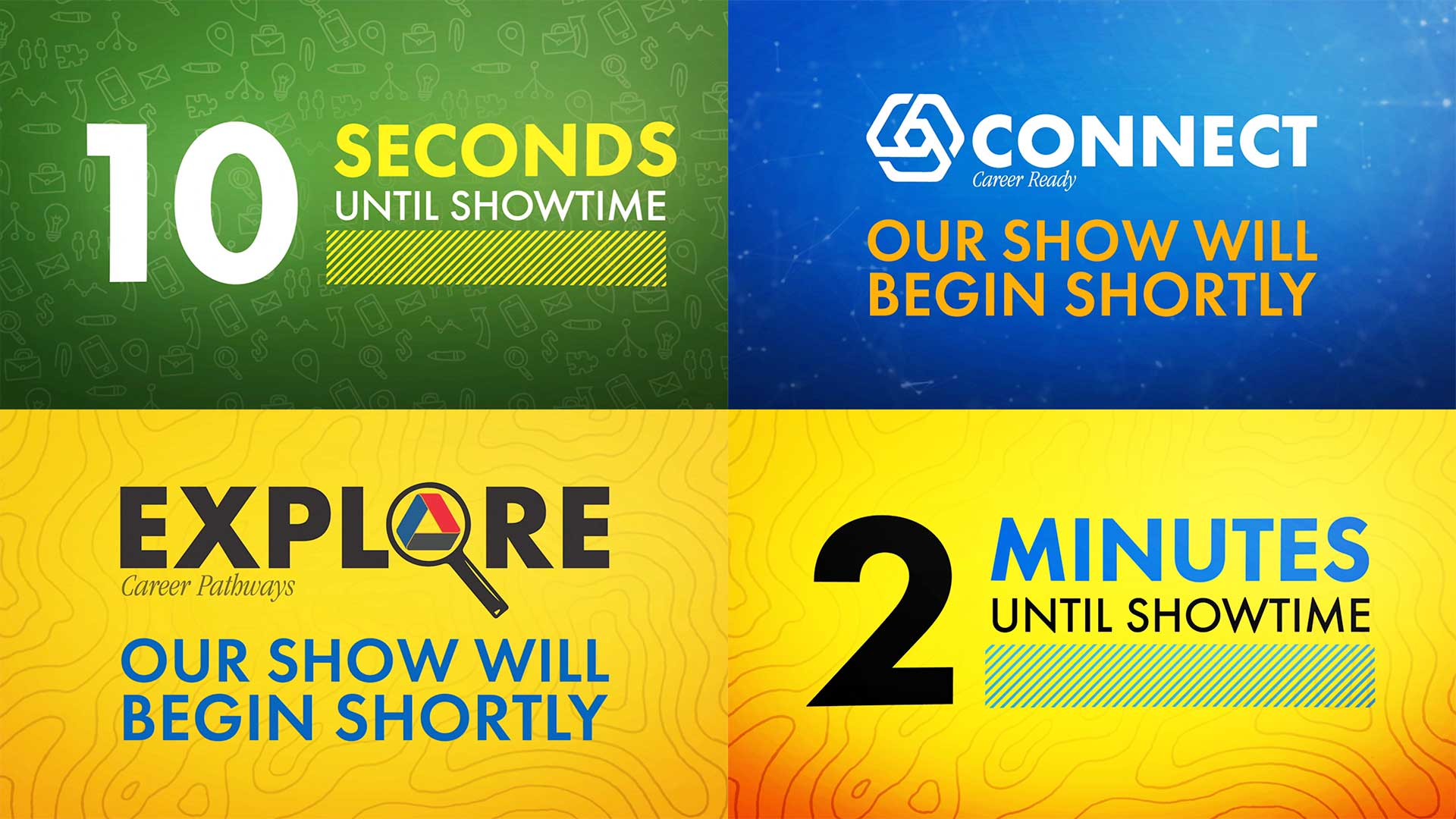 Four images of pre-show countdown graphics