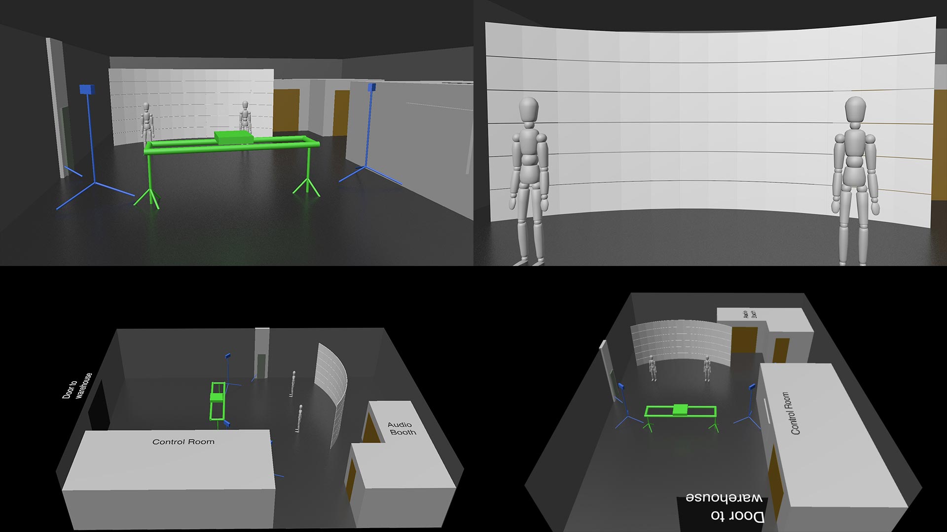 3d mockups of the studio space and led wall