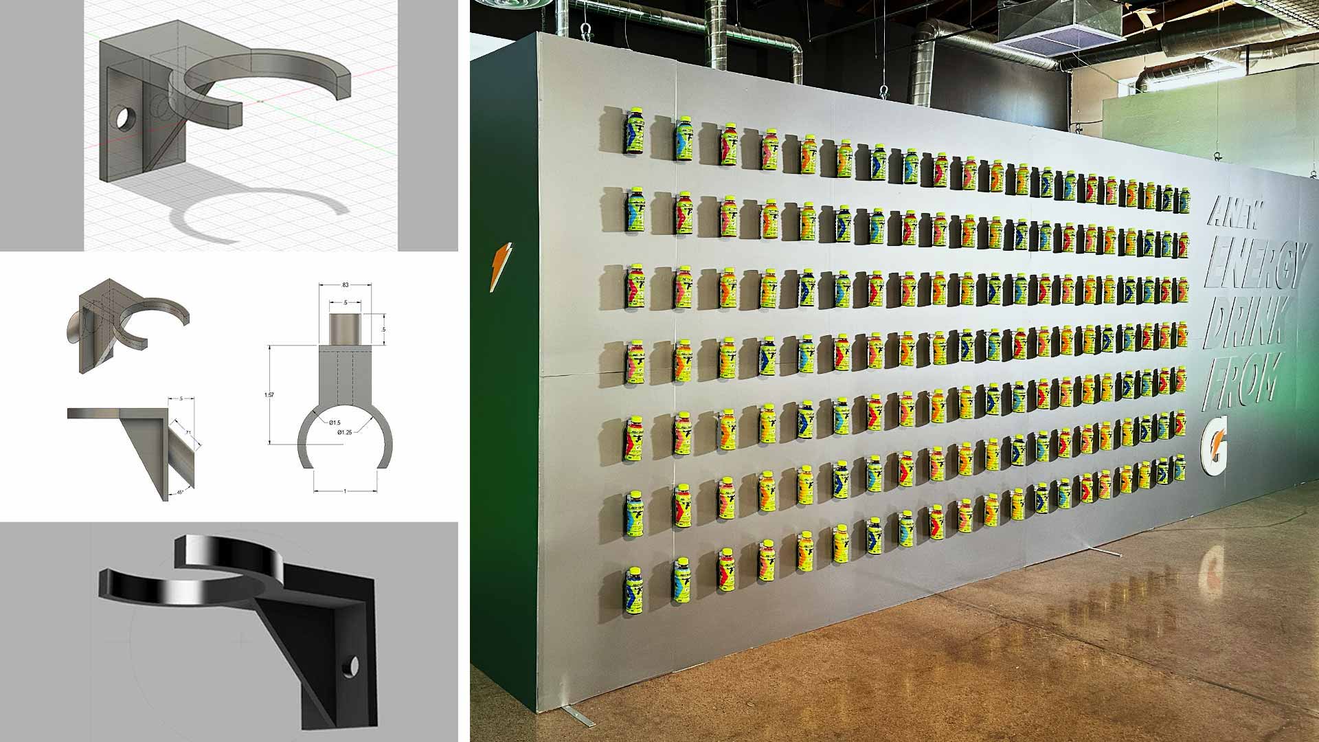 Cad images of the custom designed bottle clip alongside the finished wall of Fast Twitch bottles