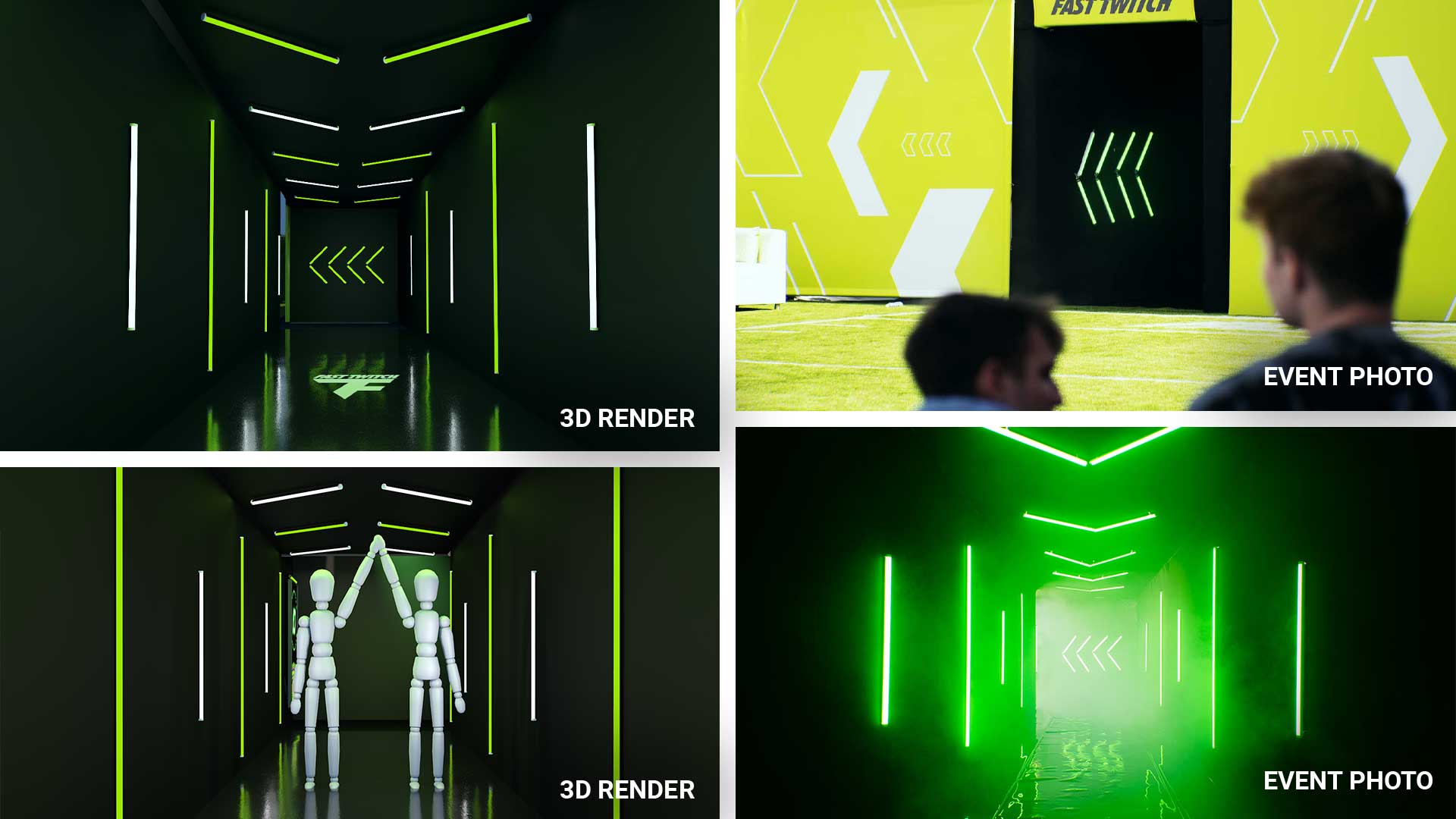Four images of renders of the tunnel compared to the practical tunnel